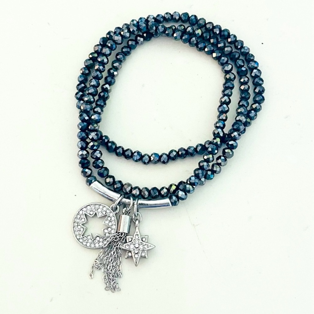 Set of 3 Black Crystal Bracelets with Charms